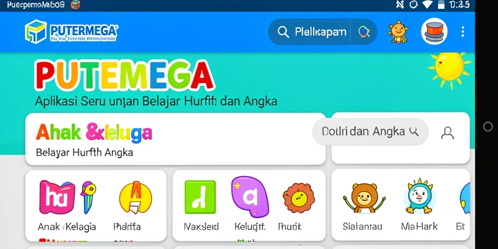Tampilan antarmuka PUTERMEGA yang ceria dan interaktif untuk belajar huruf dan angka.